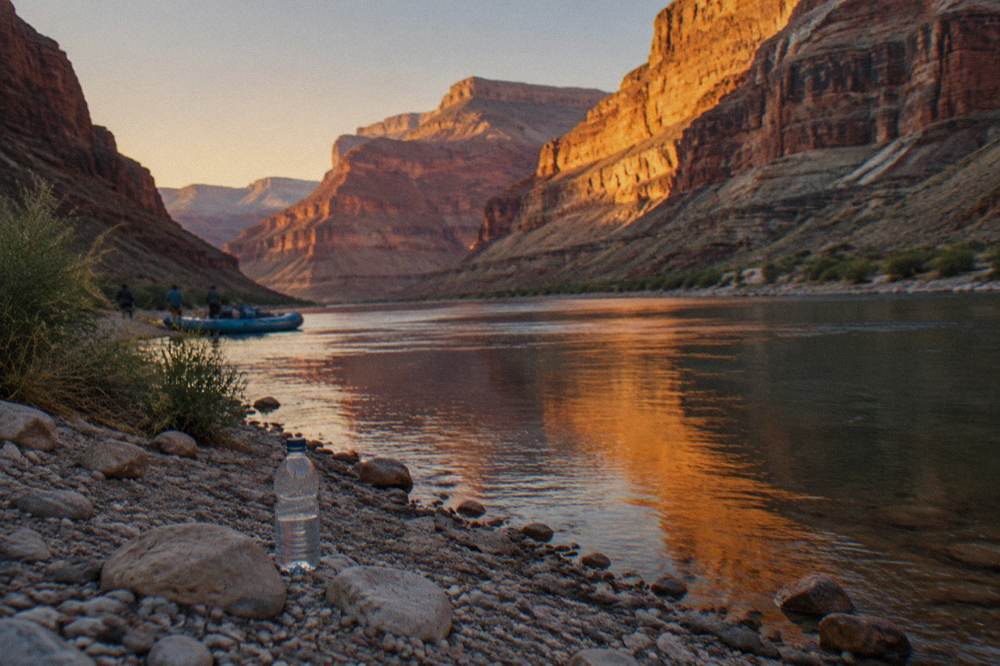 Golden evening light on the smooth river surface and layered canyon walls near Lees Ferry