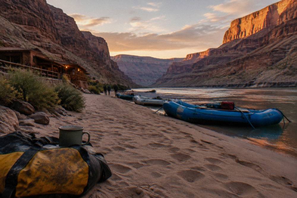 Rafts moored on a sandy river beach beside calm water at the base of sheer canyon walls