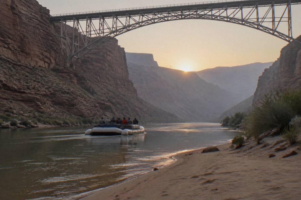 A wide motor raft carrying passengers along a calm stretch of river inside a deep canyon