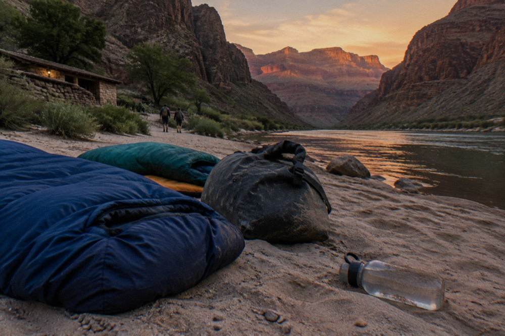 Camping gear arranged on a sandy beach beside the river inside a deep canyon