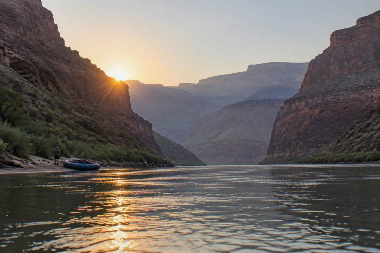 A calm stretch of the Colorado River winding between tall canyon walls under a clear sky