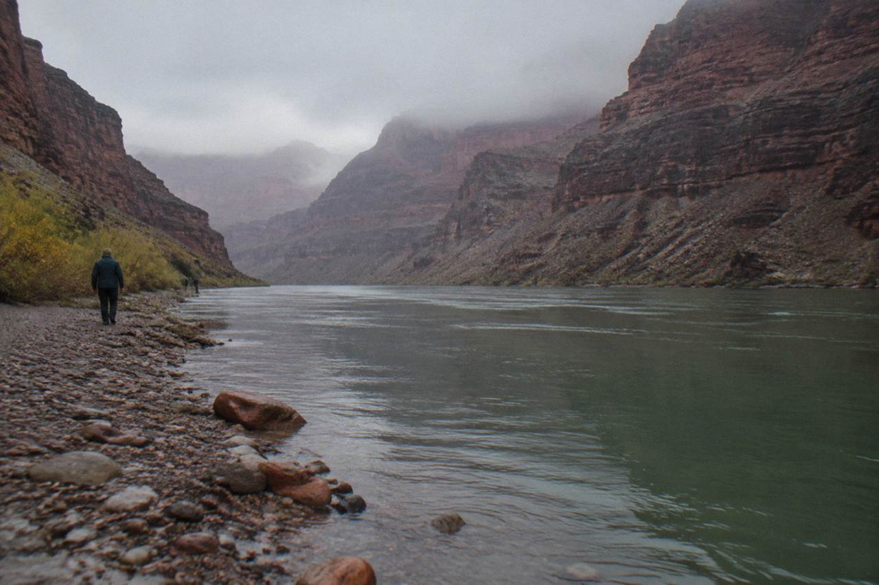 Smooth green water of the Colorado River winding between dark canyon walls