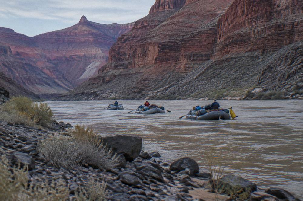 A row of loaded rafts floating through a wide section of the Grand Canyon with layered rock walls