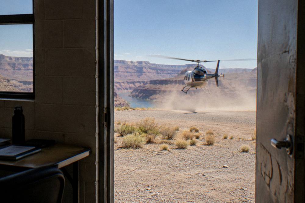 A helicopter lifting off from the canyon floor toward the rim at Grand Canyon West
