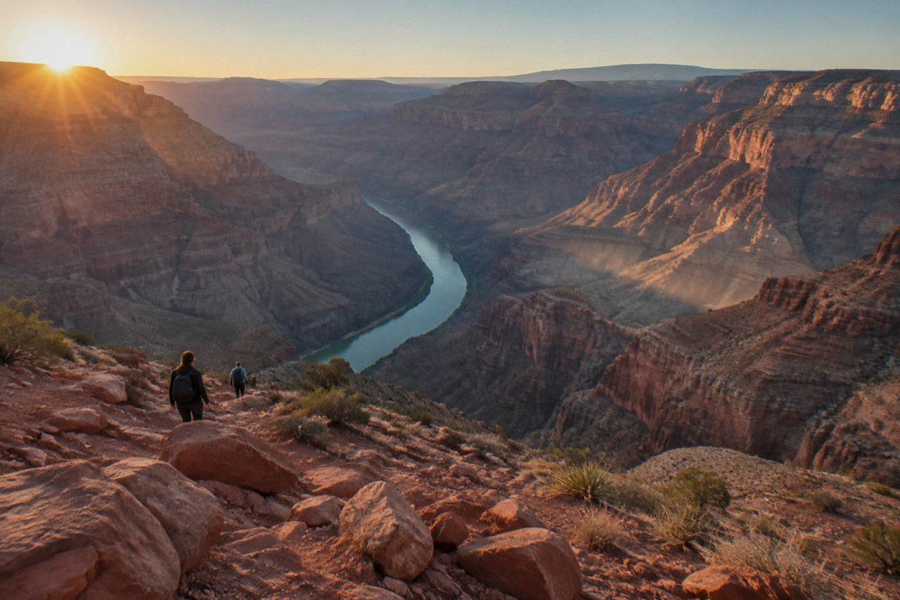 Canyon walls rising above the Colorado River at Grand Canyon West with a wide sweep of layered rock in morning light