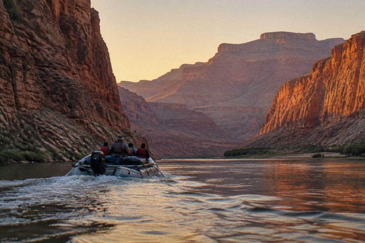 A motorized raft traveling through a calm stretch of canyon with high rock walls above the river