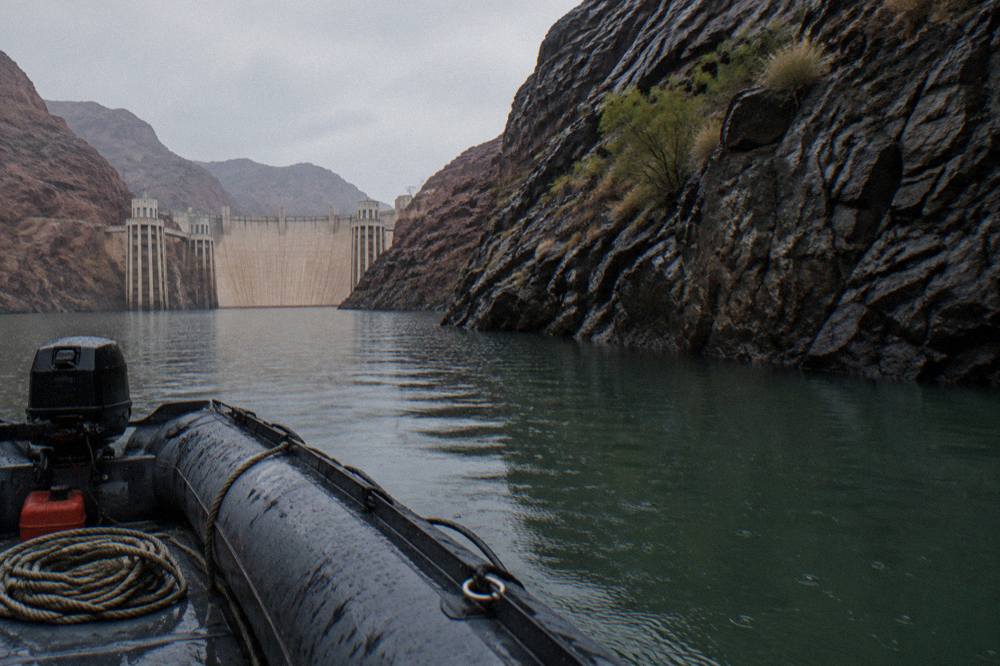 A motorized raft drifting on calm green water beneath tall volcanic rock walls